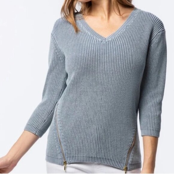 Tyler Boe Mineral Wash Shaker Sweater Zip Sides Vneck Ribbed Knit Blue Sz M - Picture 1 of 13